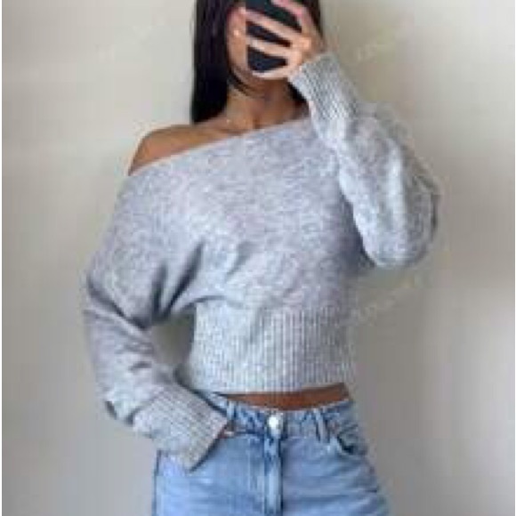 Sweaters - Light Gray Off-the-Shoulder Crop Sweater
